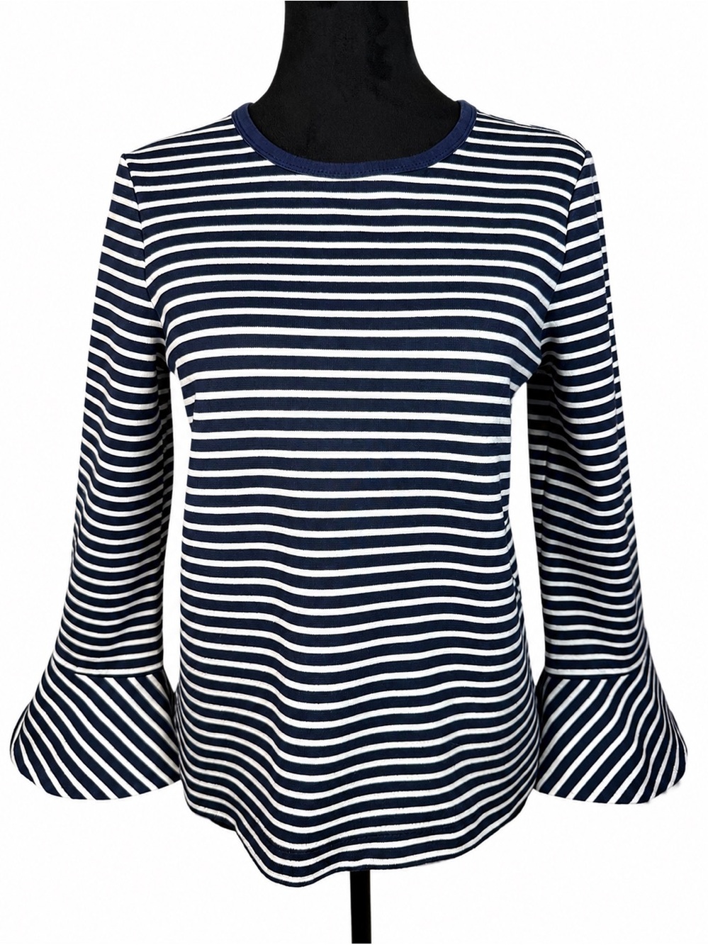 Draper James Sadler Navy & White Striped Top Bell/Flutter Sleeves Sz XS Nautical
